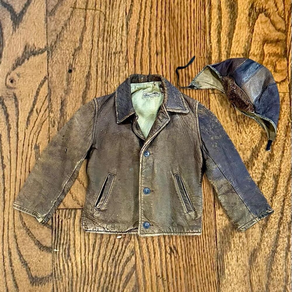 Vintage 1930’s Sears Roebuck Depression Leather Aviator Jacket and Matching Hat